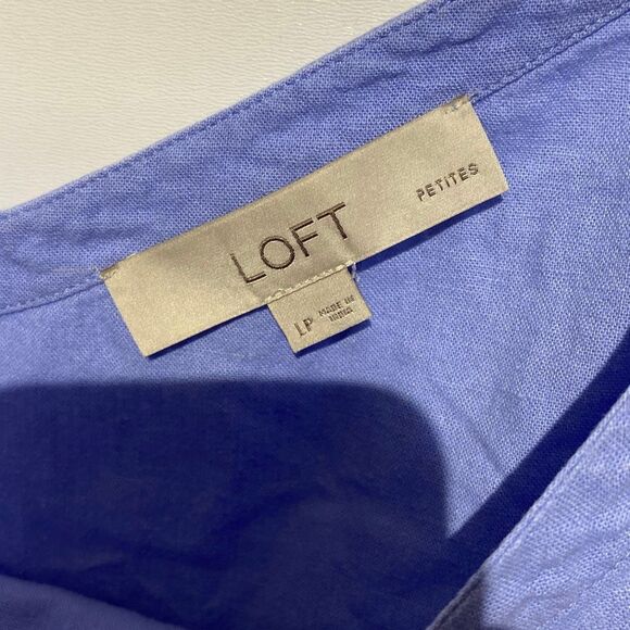 Loft Women's Blue V-Back Linen Blend Balloon Sleeve Pullover Blouse Size LP - Picture 7 of 9